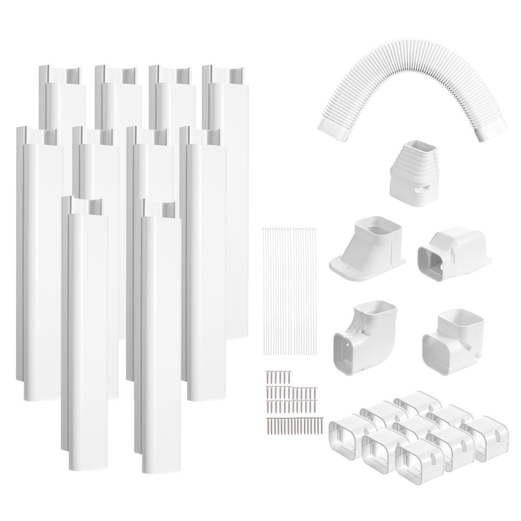 Zestaw miniaturowych rozdzielonych kanałów wentylacyjnych 76,2 mm szer. 5400 mm dł., dekoracyjna osłona kanałów wentylacyjnych z PVC do klimatyzacji z 10 prostymi kanałami i kompletnymi komponentami, łatwa w montażu, malowana do pomp ciepła, biała