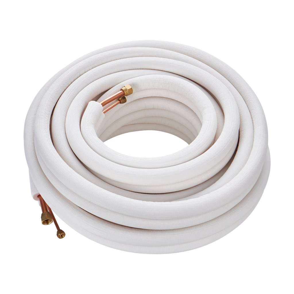 Zestaw mini-rozdzielonych rur o długości 15 240 mm, z miedzianymi rurami o średnicy zewnętrznej 6,4 i 12,7 mm i izolacją potrójną, do mini-rozdzielonych systemów chłodzenia lub ogrzewania z pompą do klimatyzacji i ogrzewania, z paskami uszczelniającymi.