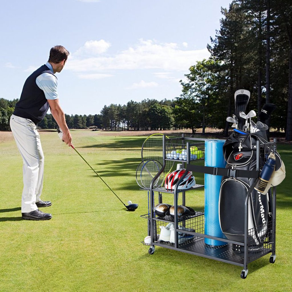 Organizer garażowy do wózków golfowych, stojak na 2 torby golfowe, uchwyt na kije, wózek na piłki