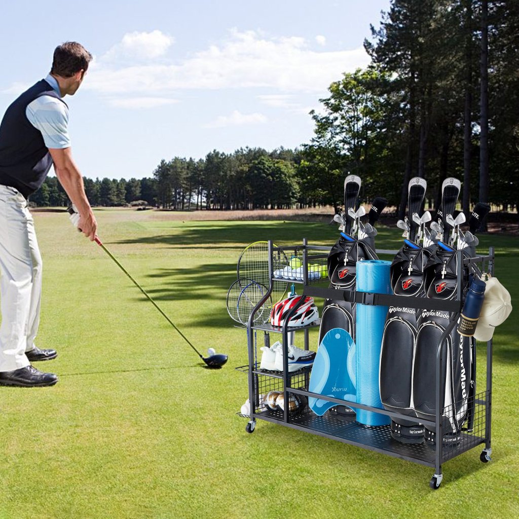 Organizer garażowy na sprzęt golfowy, stojak na 3 torby golfowe, uchwyt na kije, wózek na piłki