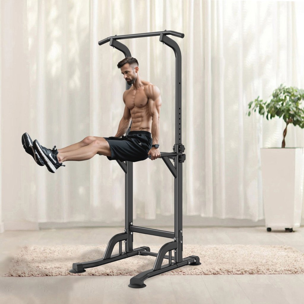 Power Tower Dip Station, stojak na drążek do podciągania z 10 poziomami regulacji wysokości, wielofunkcyjny sprzęt fitness z 4 przyssawkami na nogach, stacja na drążek do podciągania do domowej siłowni, 150 kg