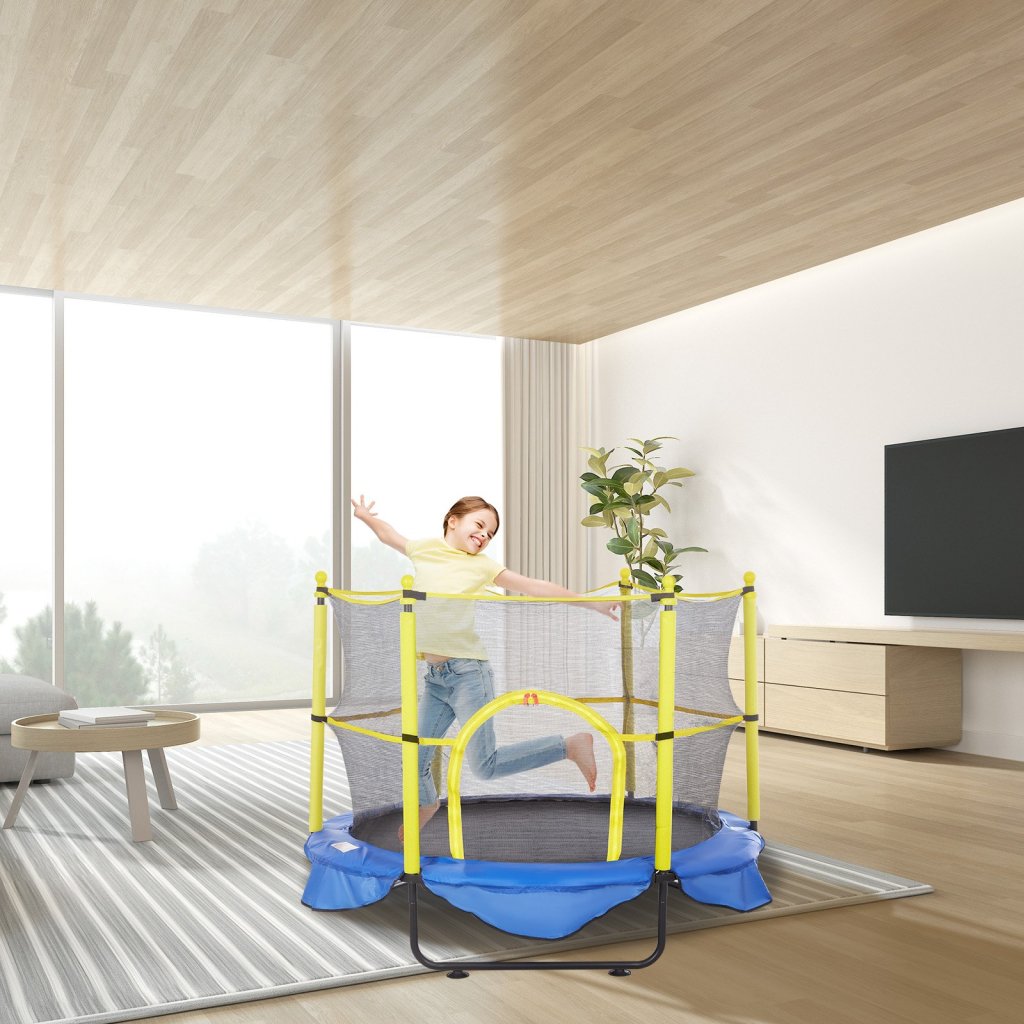Trampolina dziecięca o długości 1,5 m, trampolina do użytku wewnątrz i na zewnątrz o średnicy 152 cm z siatką zabezpieczającą, obręczą do koszykówki i piłkami oceanicznymi, mała trampolina rekreacyjna dla maluchów, prezent urodzinowy dla dzieci od 3 lat.