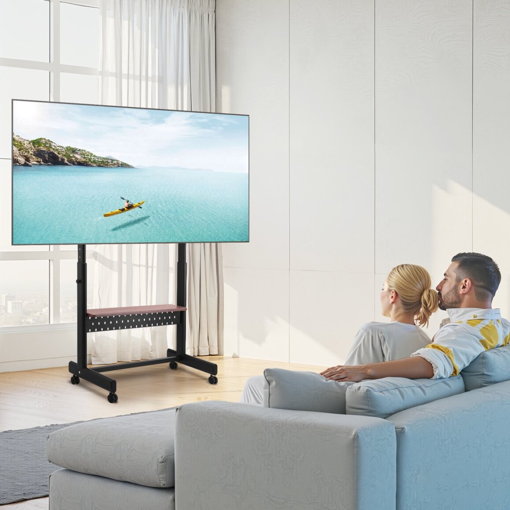 Mobilny stojak pod TV o nośności do 90 kg, przeznaczony do telewizorów o przekątnej 55-100 cali