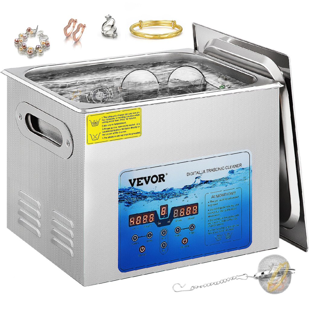 VEVOR Ultradźwiękowy Czyścik, Regulowana Częstotliwość 36kHz~40kHz, 15L 220V, Ultradźwiękowa Maszyna Czyszcząca z Cyfrowym Timerem i Grzałką, Laboratoryjny Sonic Cleaner do Biżuterii, Zegarków, Szkła, Monet, FCC/CE/RoHS