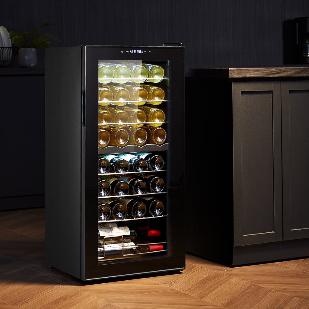 Lodówka na wino na 32 butelki, dwustrefowa, wolnostojąca, z oświetleniem LED