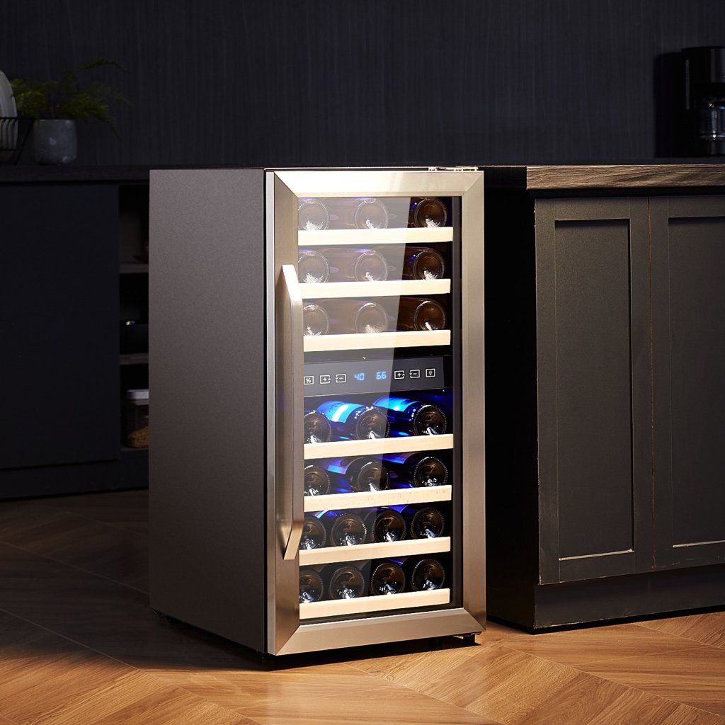 Lodówka na wino na 33 butelki, dwustrefowa, wolnostojąca, z oświetleniem LED