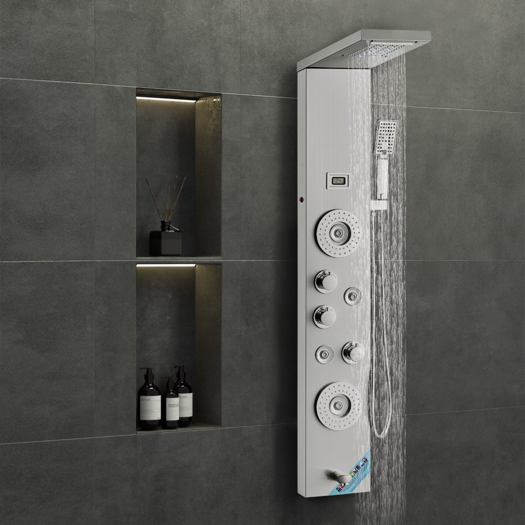Panel prysznicowy, system wieżowy, 6 trybów, LED i wyświetlacz, stal nierdzewna, deszczownica