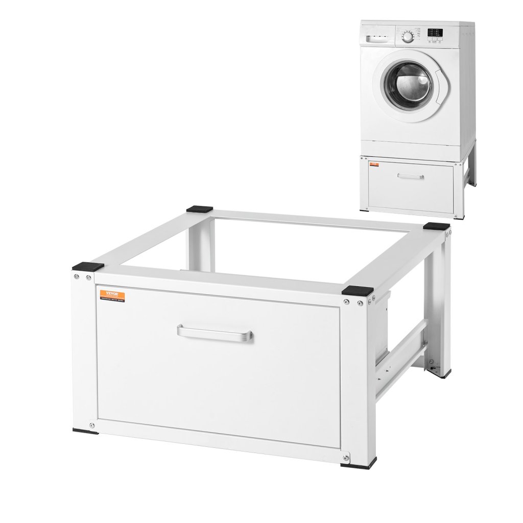 Stojak na pranie 686 mm szer. x 366 mm wys., uniwersalny stojak na pralkę i suszarkę o ładowności 299 kg, wytrzymały, wielofunkcyjny stojak na pralkę z szufladą i bogatym wyposażeniem