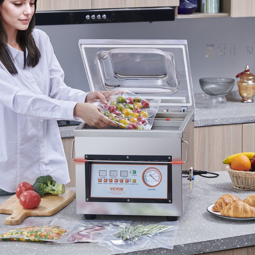 Pakowarka próżniowa komorowa, moc spawania 320 W, urządzenie do pakowania próżniowego mokrej żywności, mięsa, marynat i innych, kompaktowe wymiary, długość spawania 32,6 cm, zastosowanie w kuchniach domowych i w zastosowaniach komercyjnych