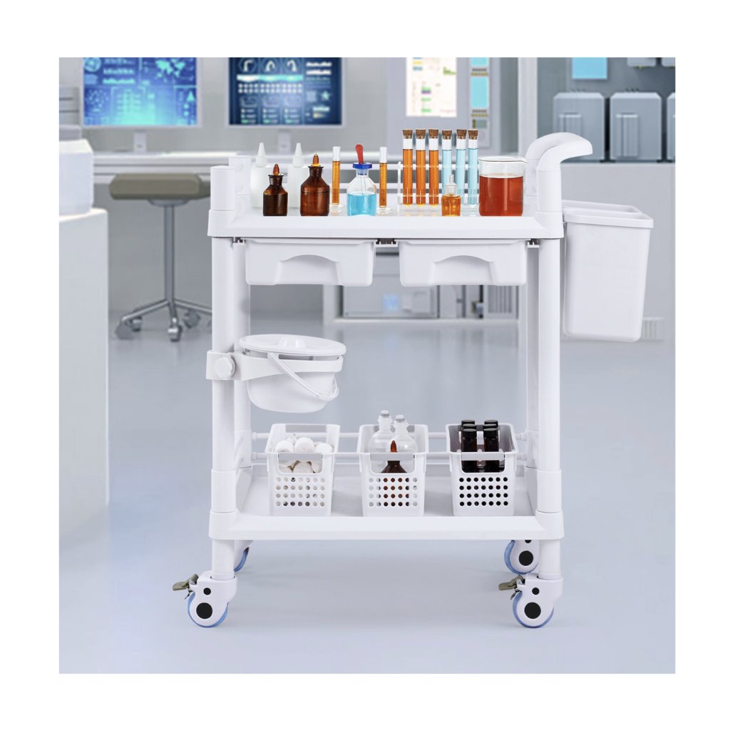 MAIN_29436-4_2patrove-laboratorni-voziky-mobilni-lekarsky-vozik-2-zasobniky-2-zasuvky-3-odpadkove-kose-bile